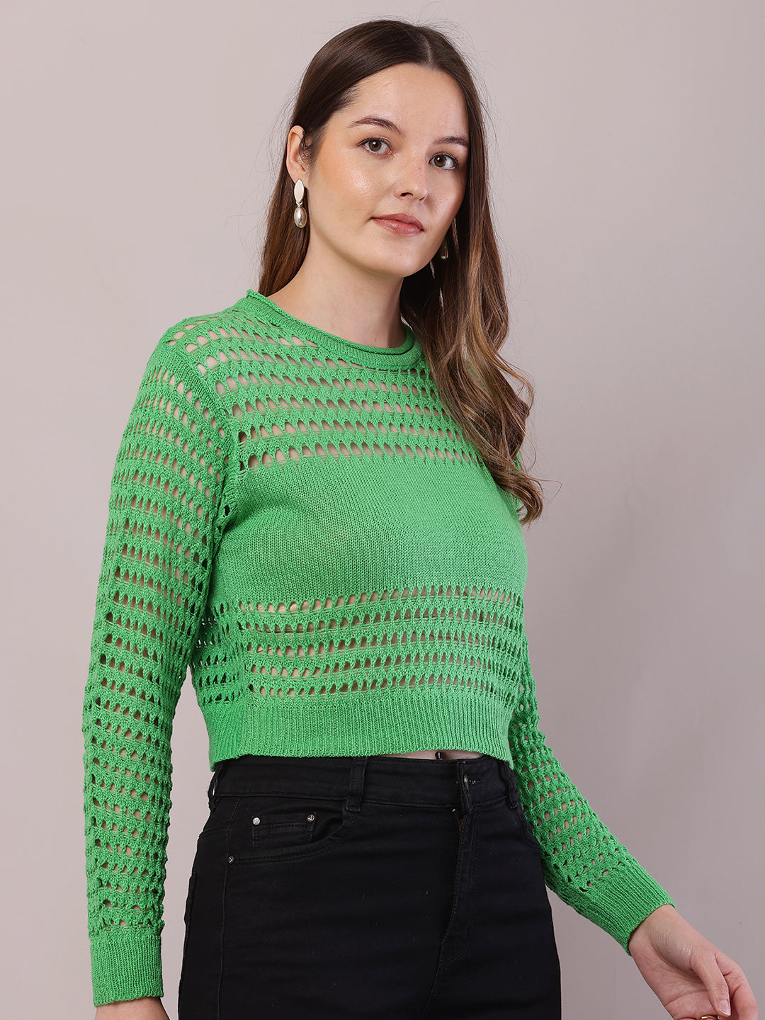 Women Green Polyester Crochet Full Sleeve Sweater