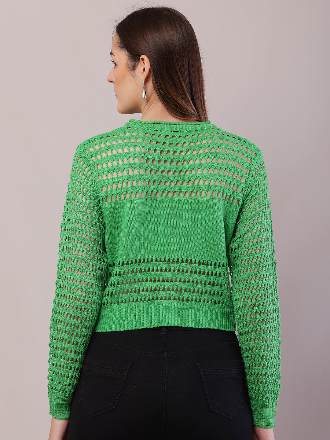 Women Green Polyester Crochet Full Sleeve Sweater