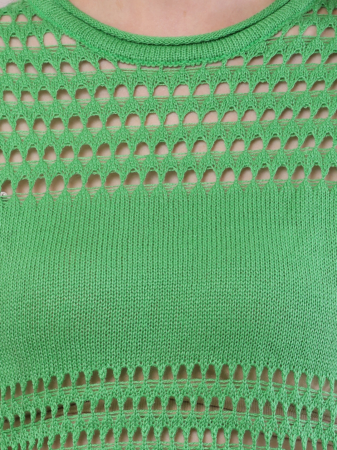 Women Green Polyester Crochet Full Sleeve Sweater