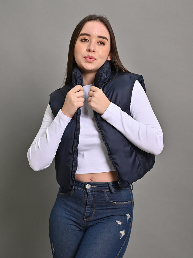 Women Puffer Crop Dark Blue Jacket