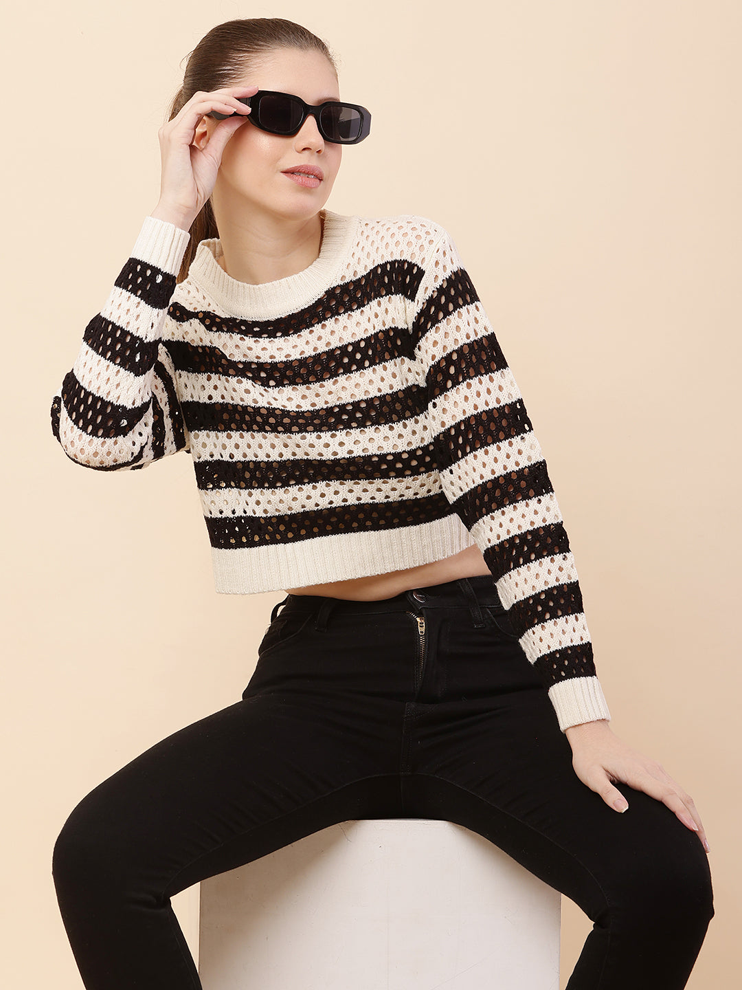 Women Black Striped Crochet Sweater