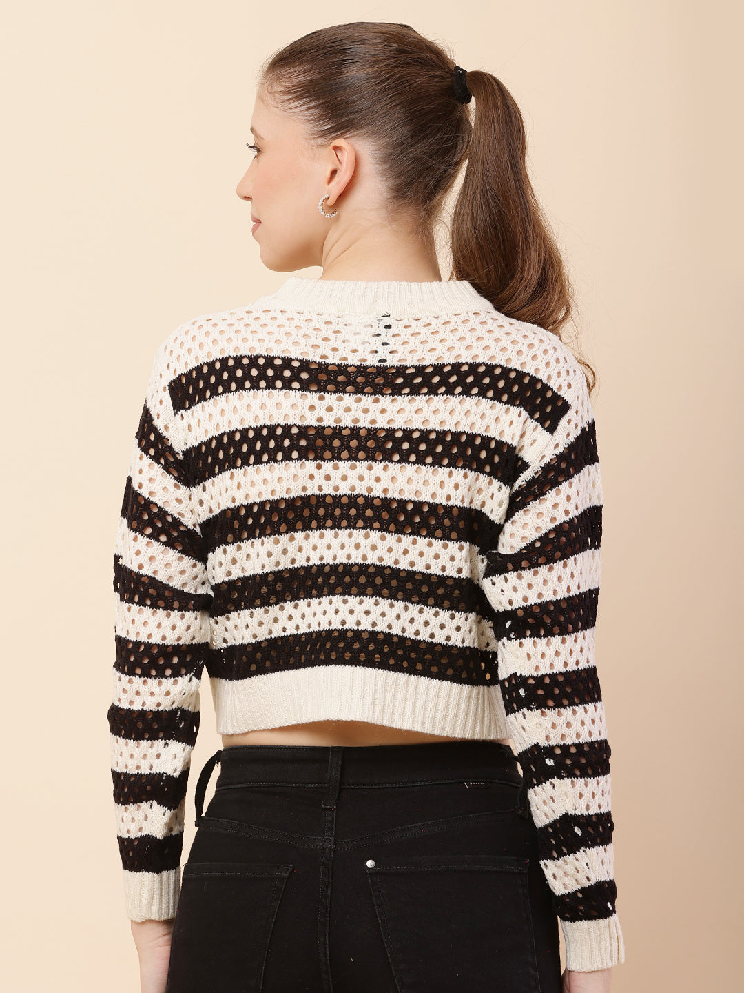 Women Black Striped Crochet Sweater