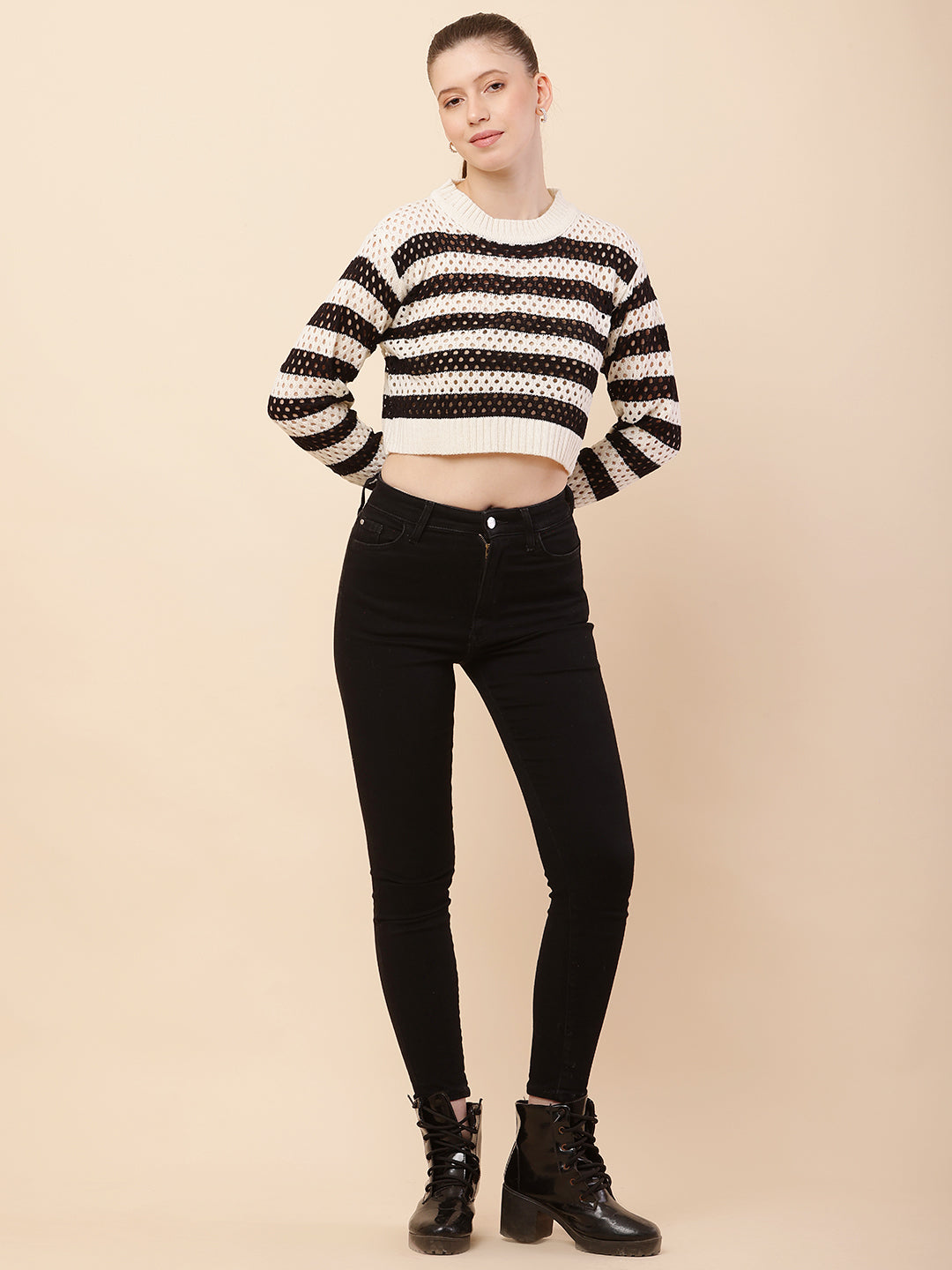 Women Black Striped Crochet Sweater