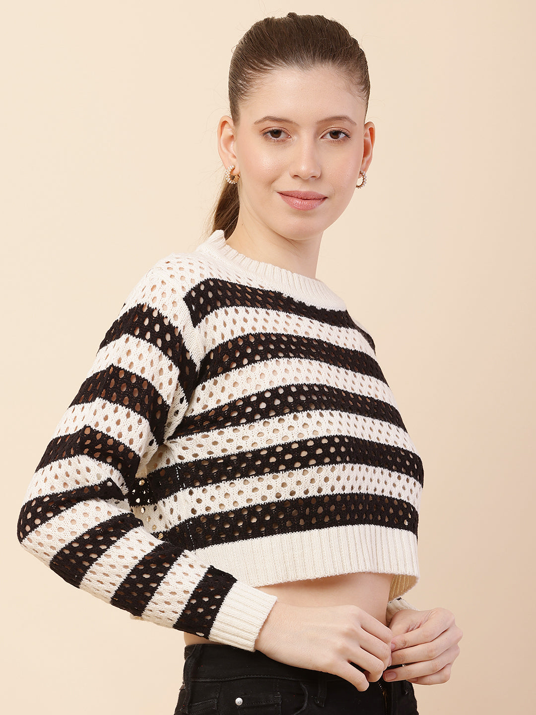 Women Black Striped Crochet Sweater