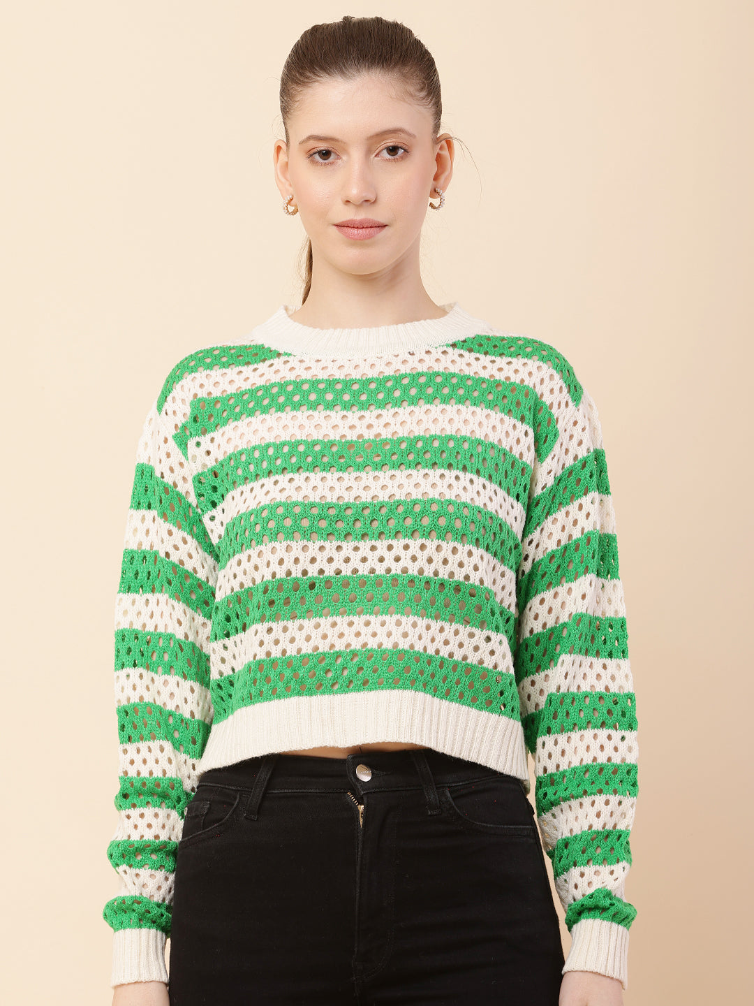 Women Green Striped Crochet Sweater