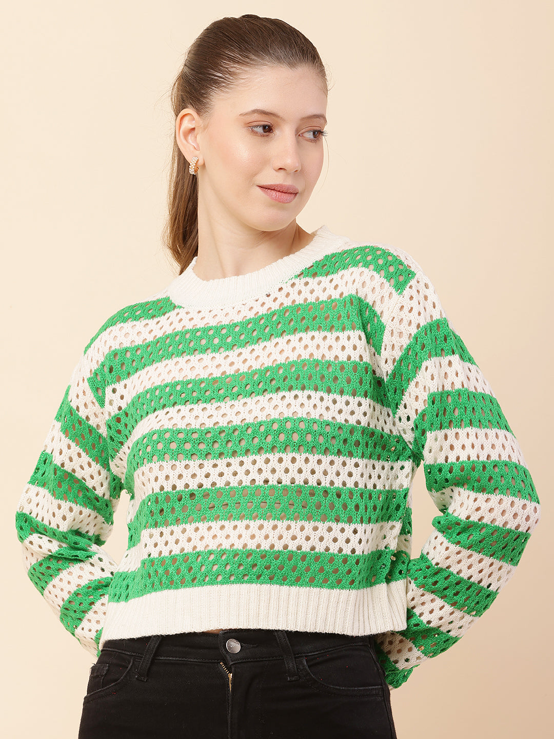 Women Green Striped Crochet Sweater