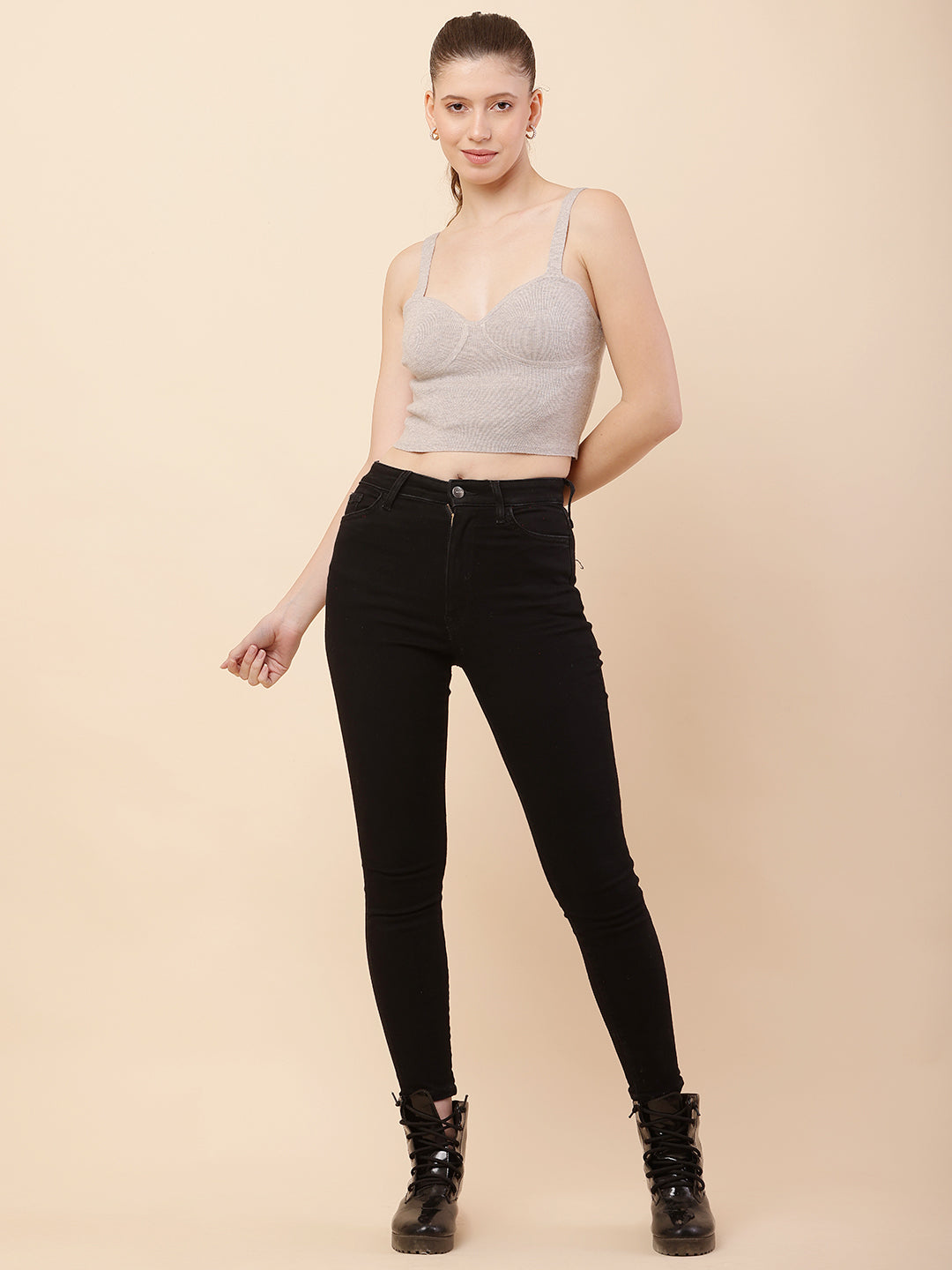 Women Beige Fine-knit Crop Top