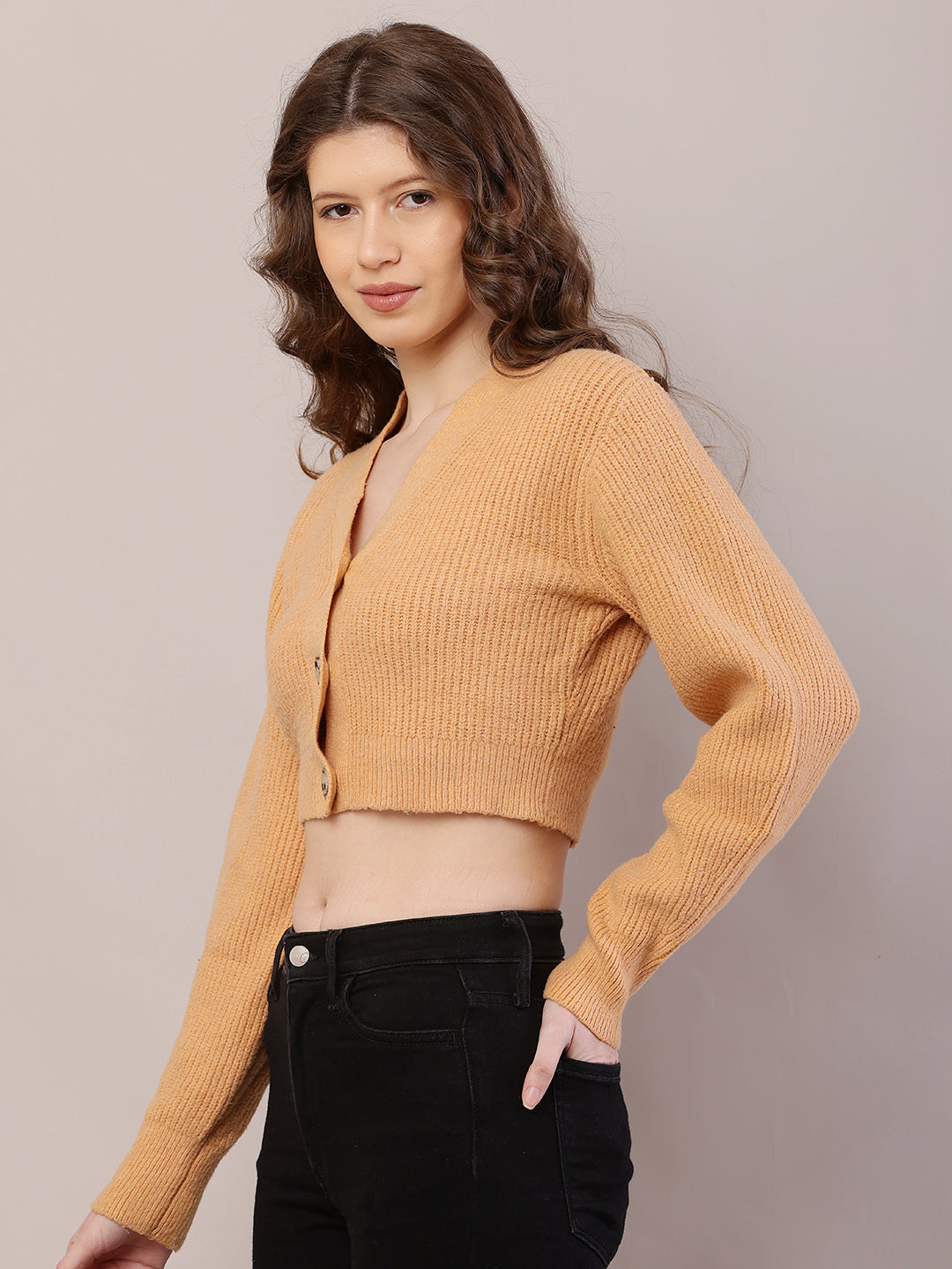 Women Ribbed Crop Mustard Cardigan