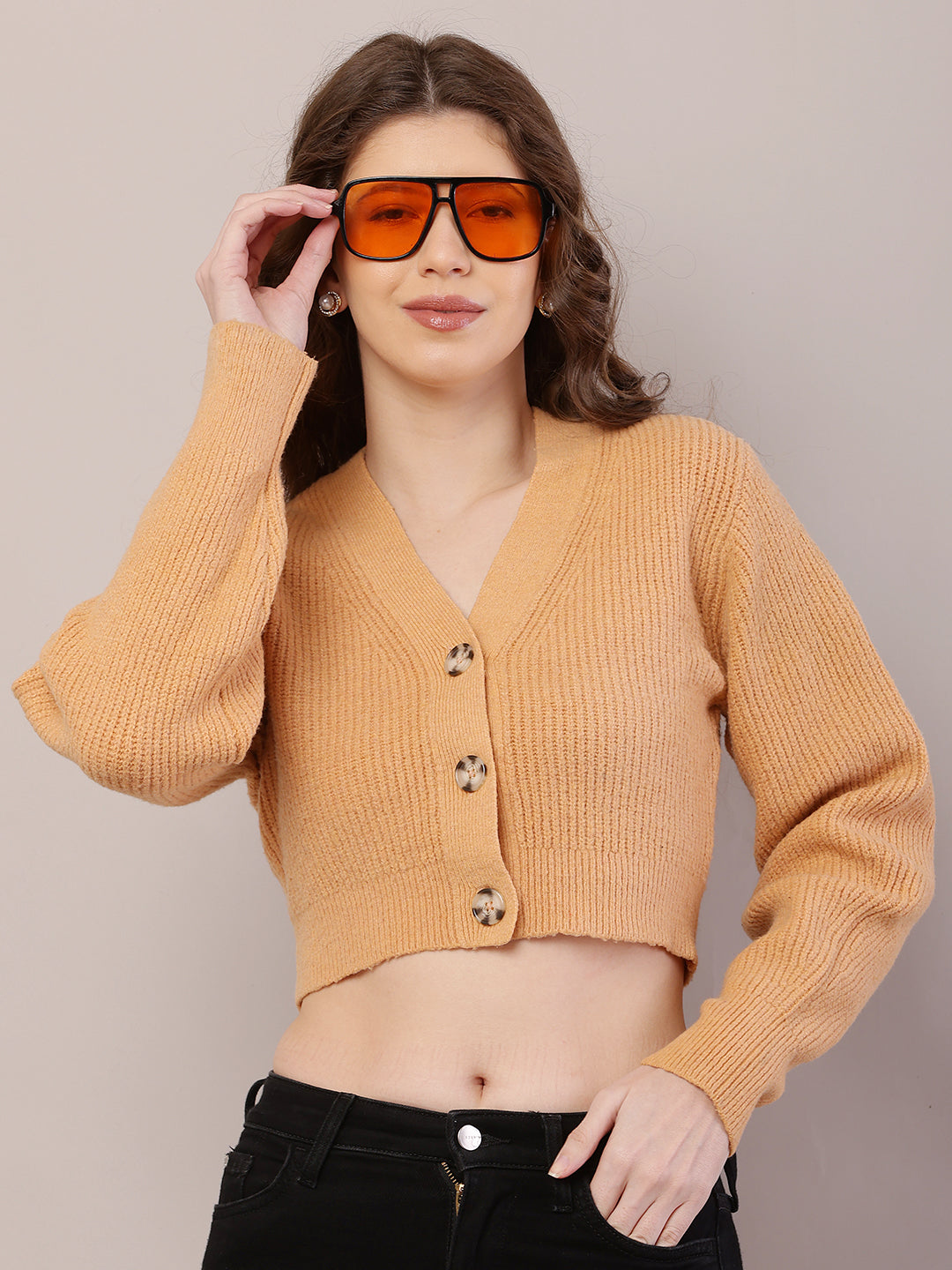 Women Ribbed Crop Mustard Cardigan