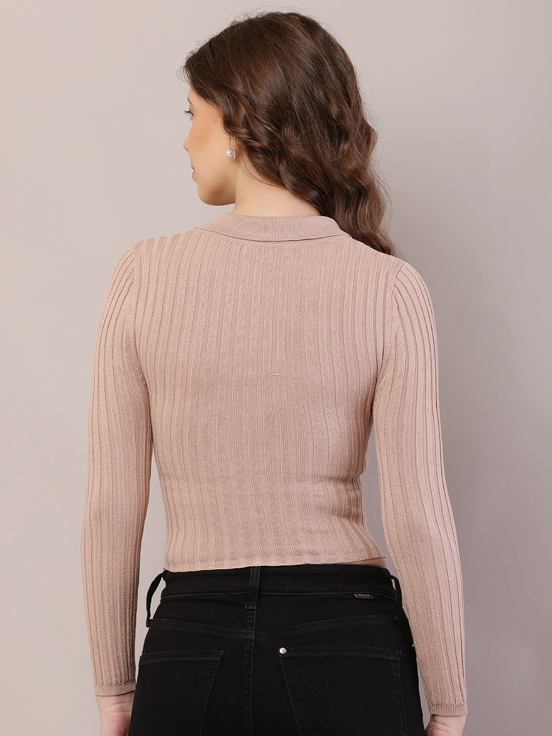 Women Ribbed Crop Beige Cardigan