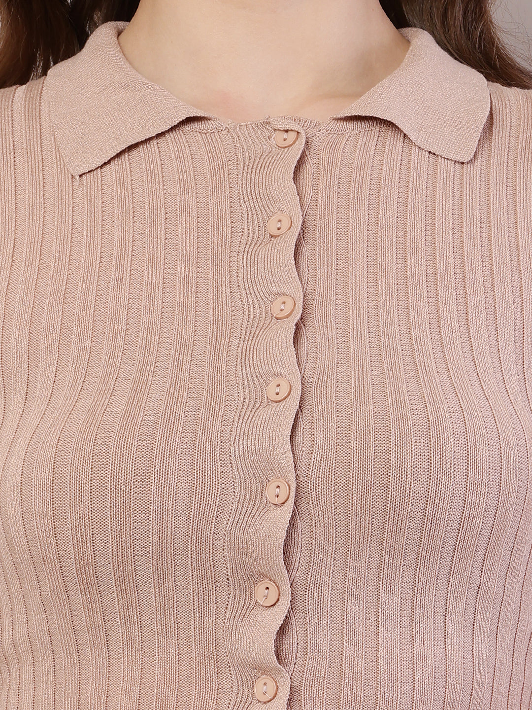 Women Ribbed Crop Beige Cardigan