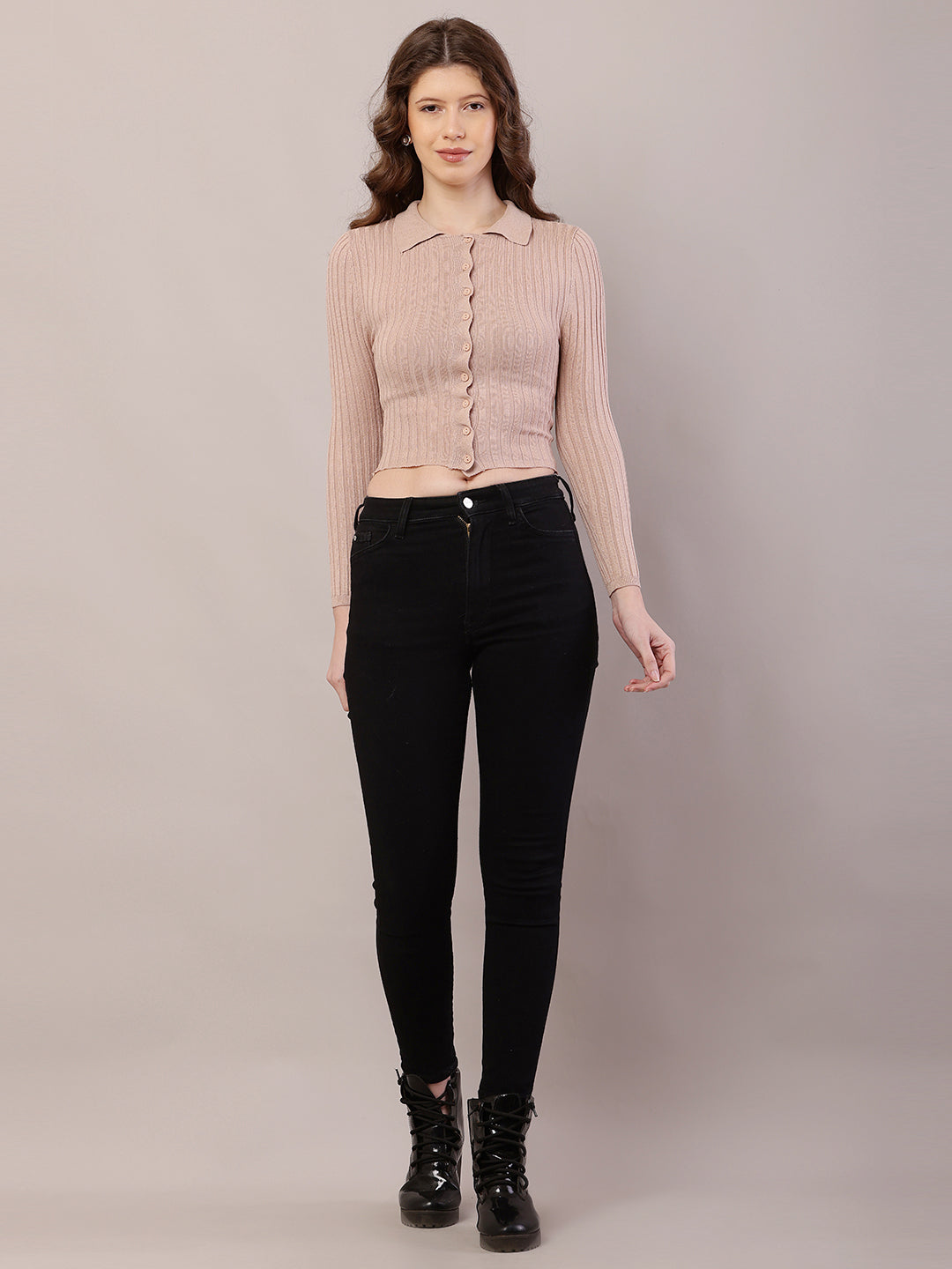 Women Ribbed Crop Beige Cardigan