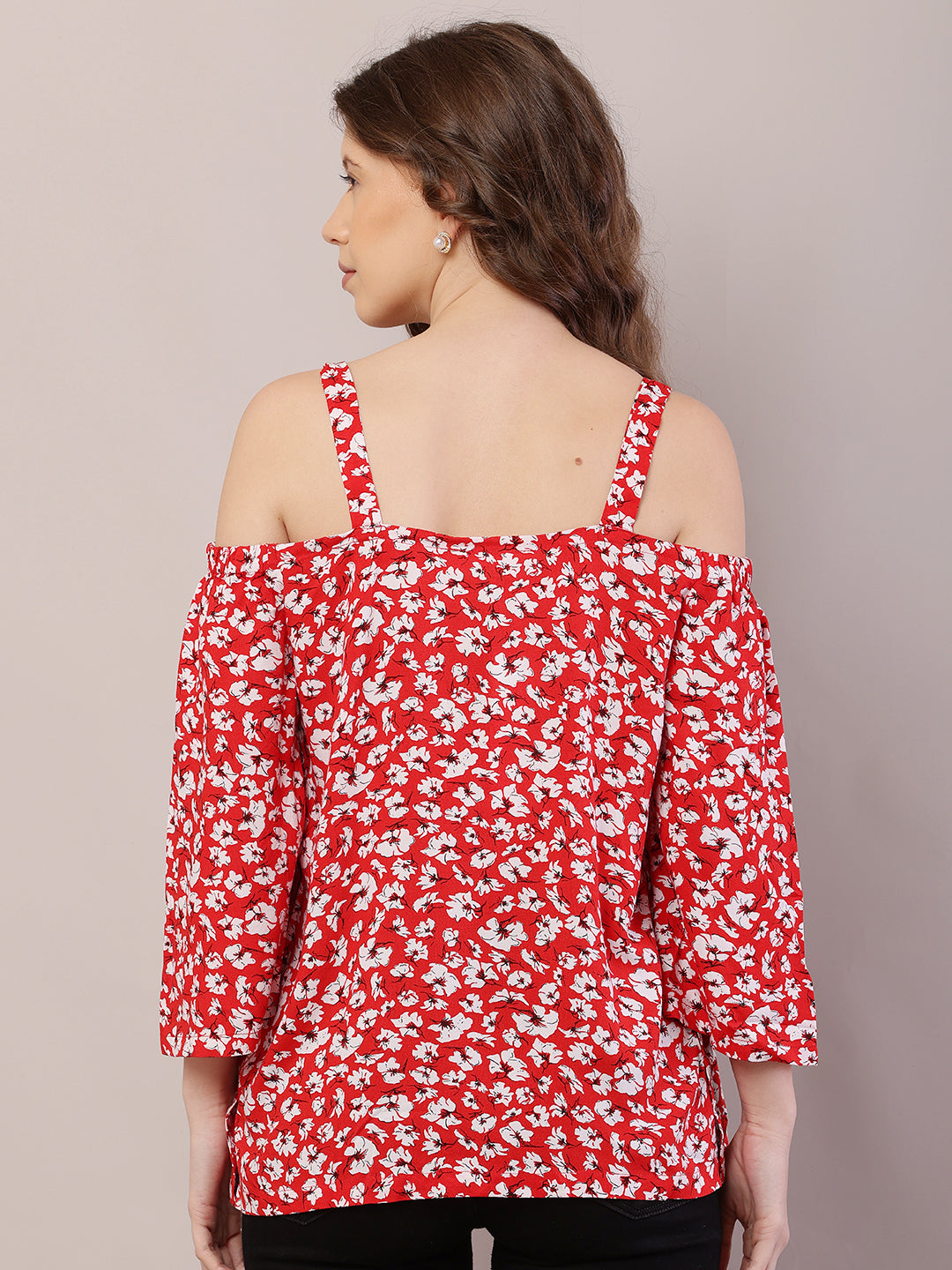 Women Red Floral Cold Shoulder Rayon Top
