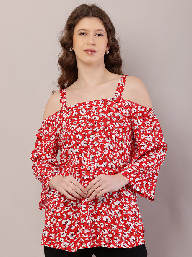 Women Red Floral Cold Shoulder Rayon Top