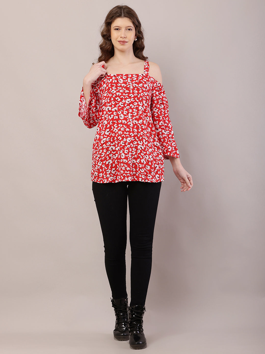 Women Red Floral Cold Shoulder Rayon Top