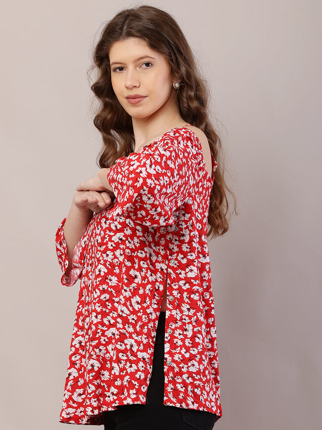 Women Red Floral Cold Shoulder Rayon Top