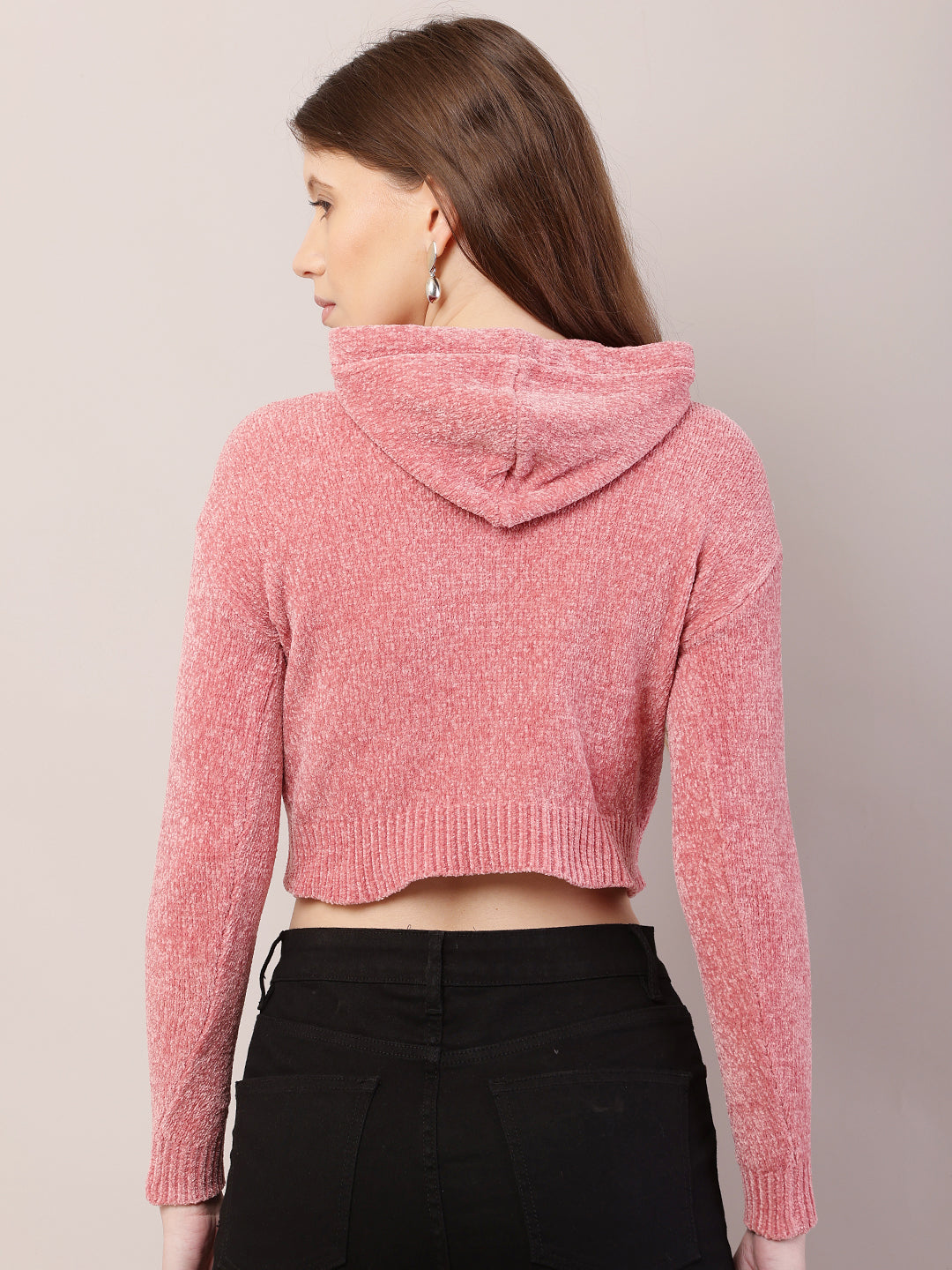 Women peach polyester full sleeve hooded cropped sweatshirt