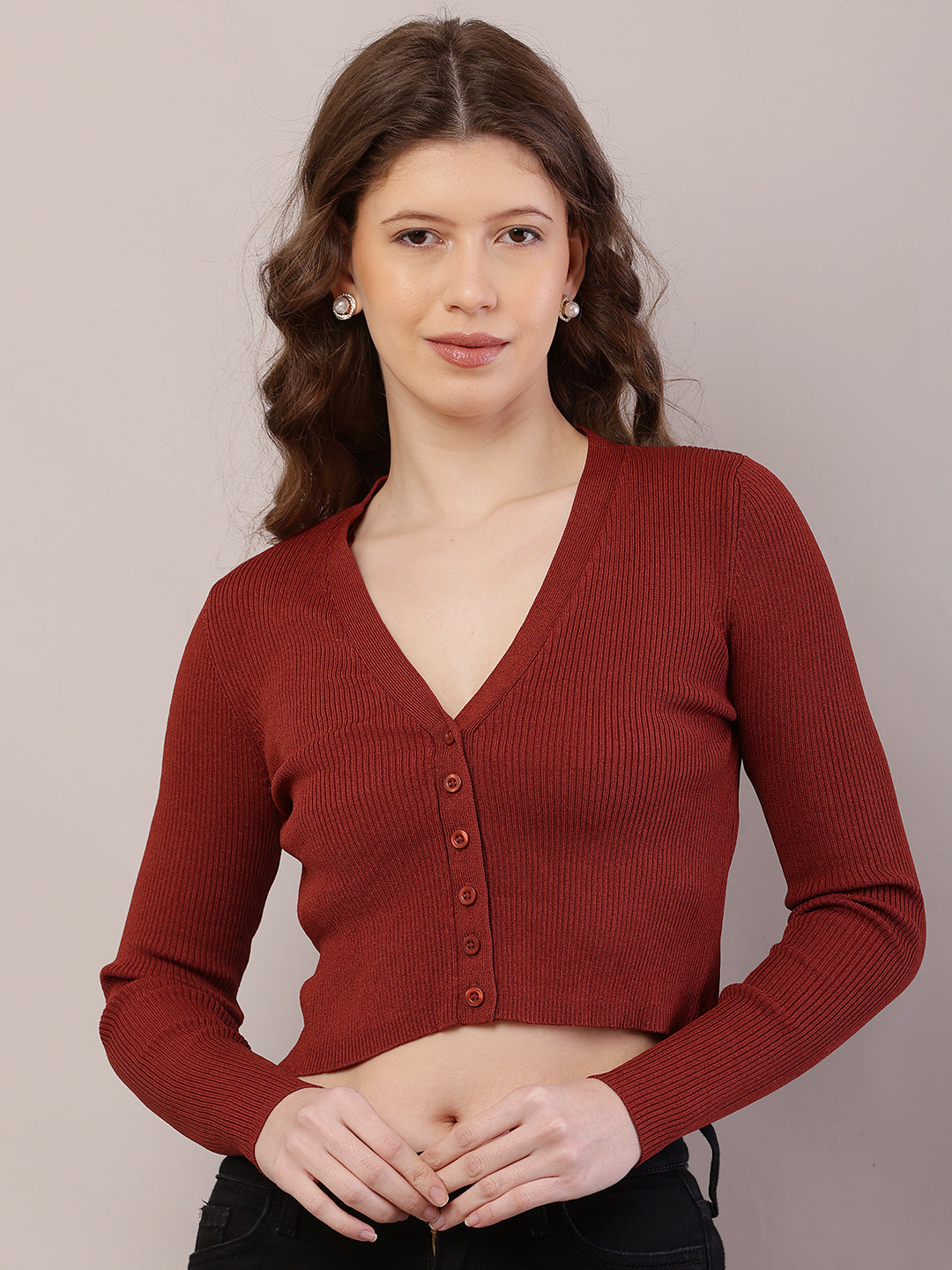 Women Ribbed Brown Cardigan