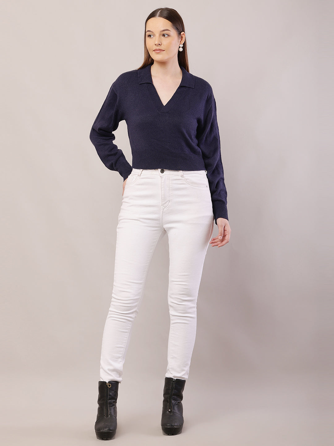 Women Ribbed Dark Blue Sweater