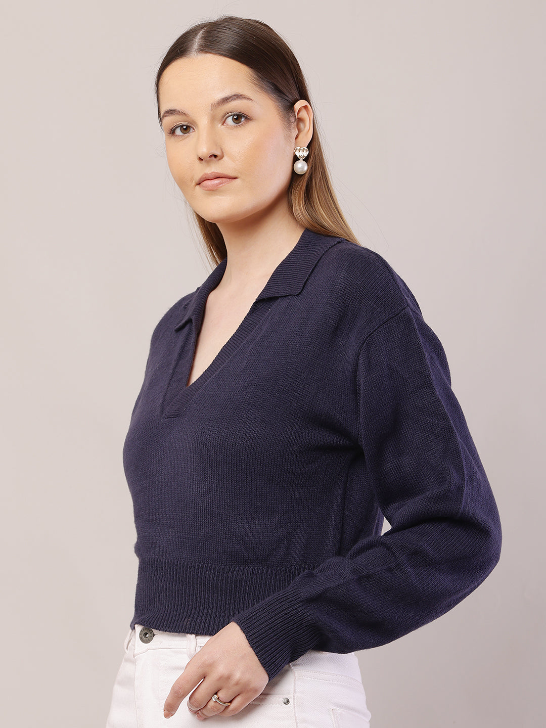 Women Ribbed Dark Blue Sweater