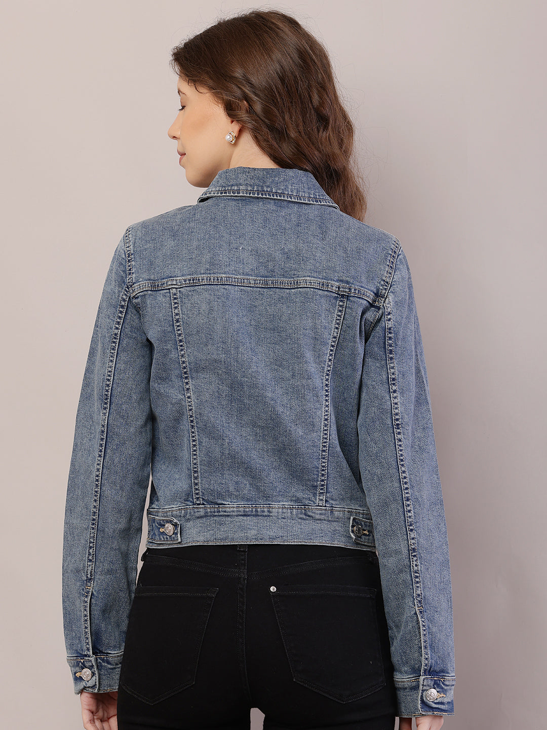 Women Shirt Collar Dark Blue Jacket