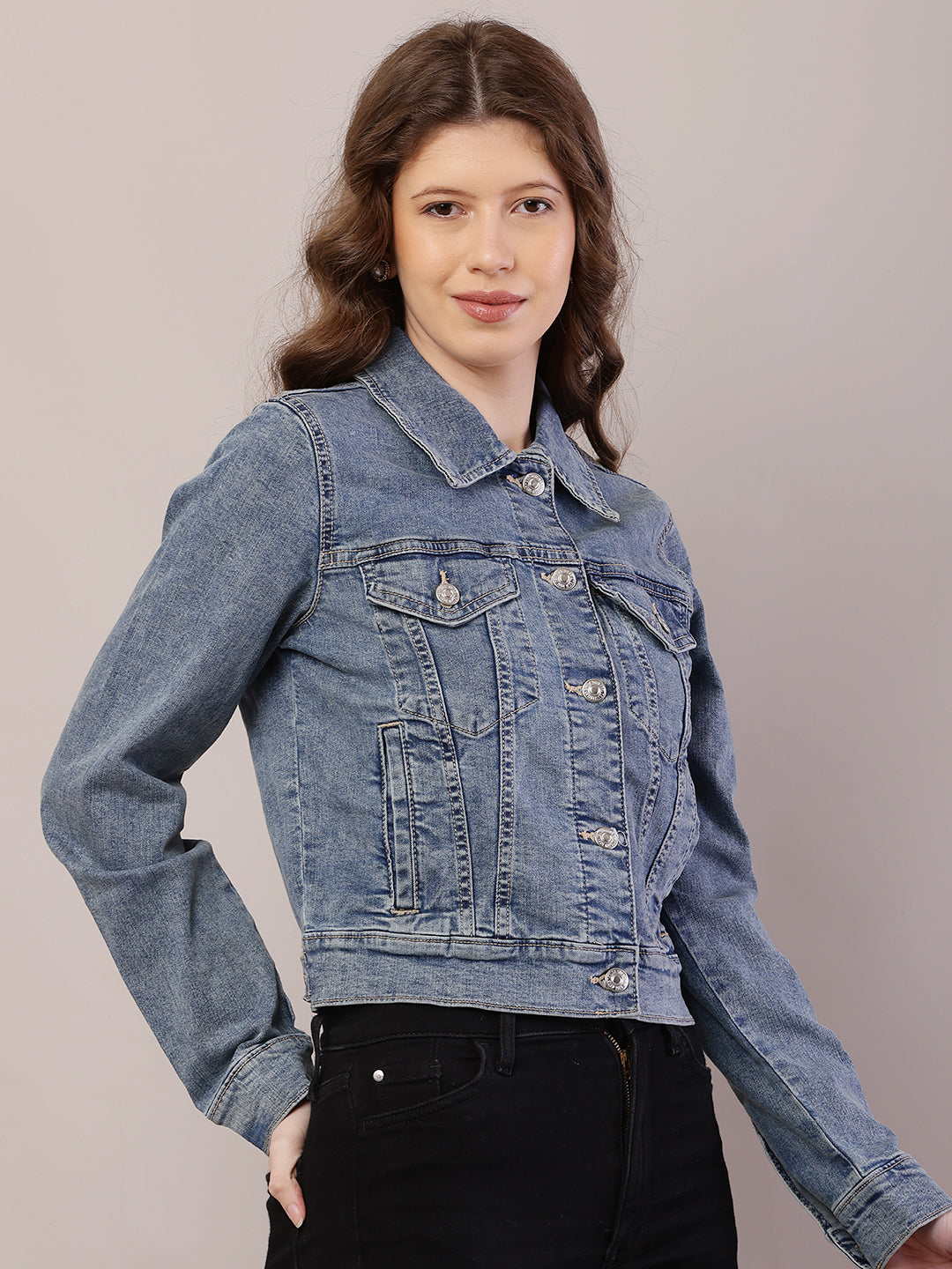 Women Shirt Collar Dark Blue Jacket