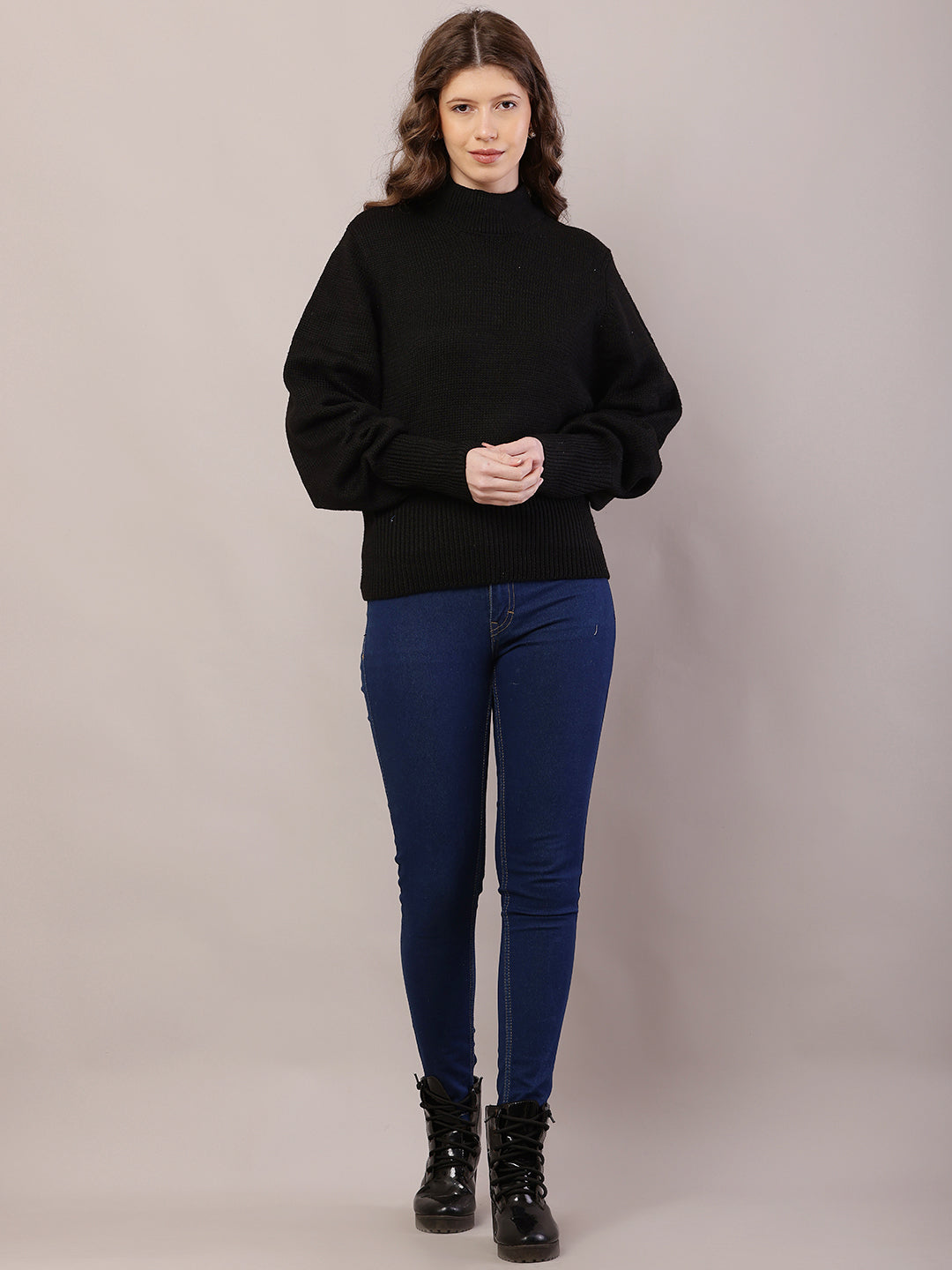 Women black acrylic full sleeve high-neck sweater