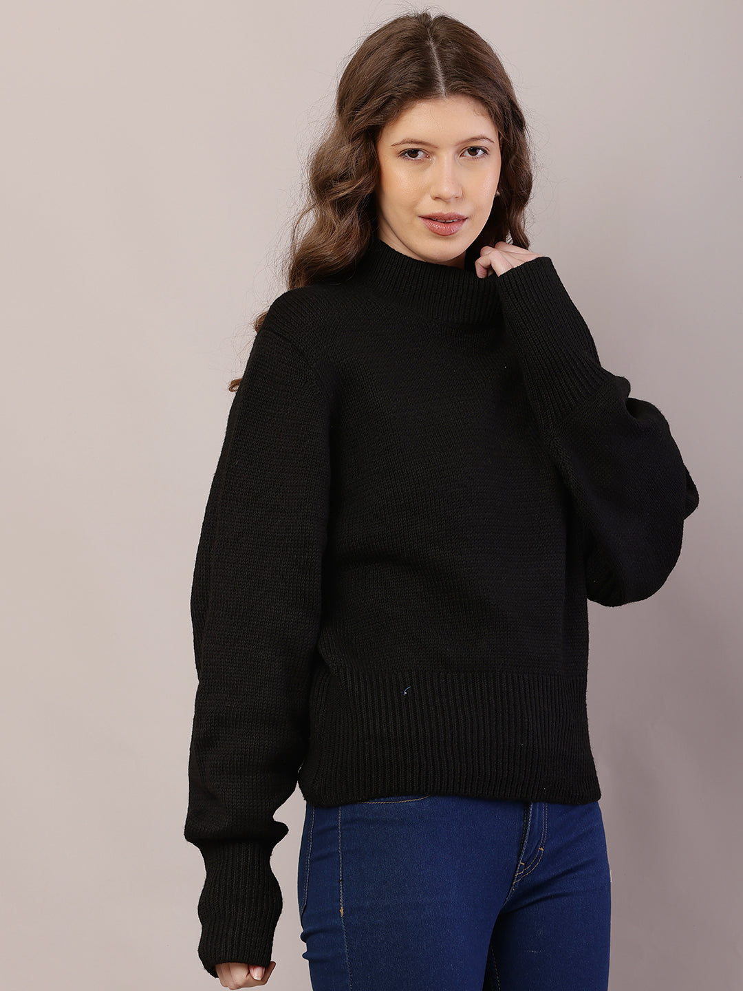 Women black acrylic full sleeve high-neck sweater