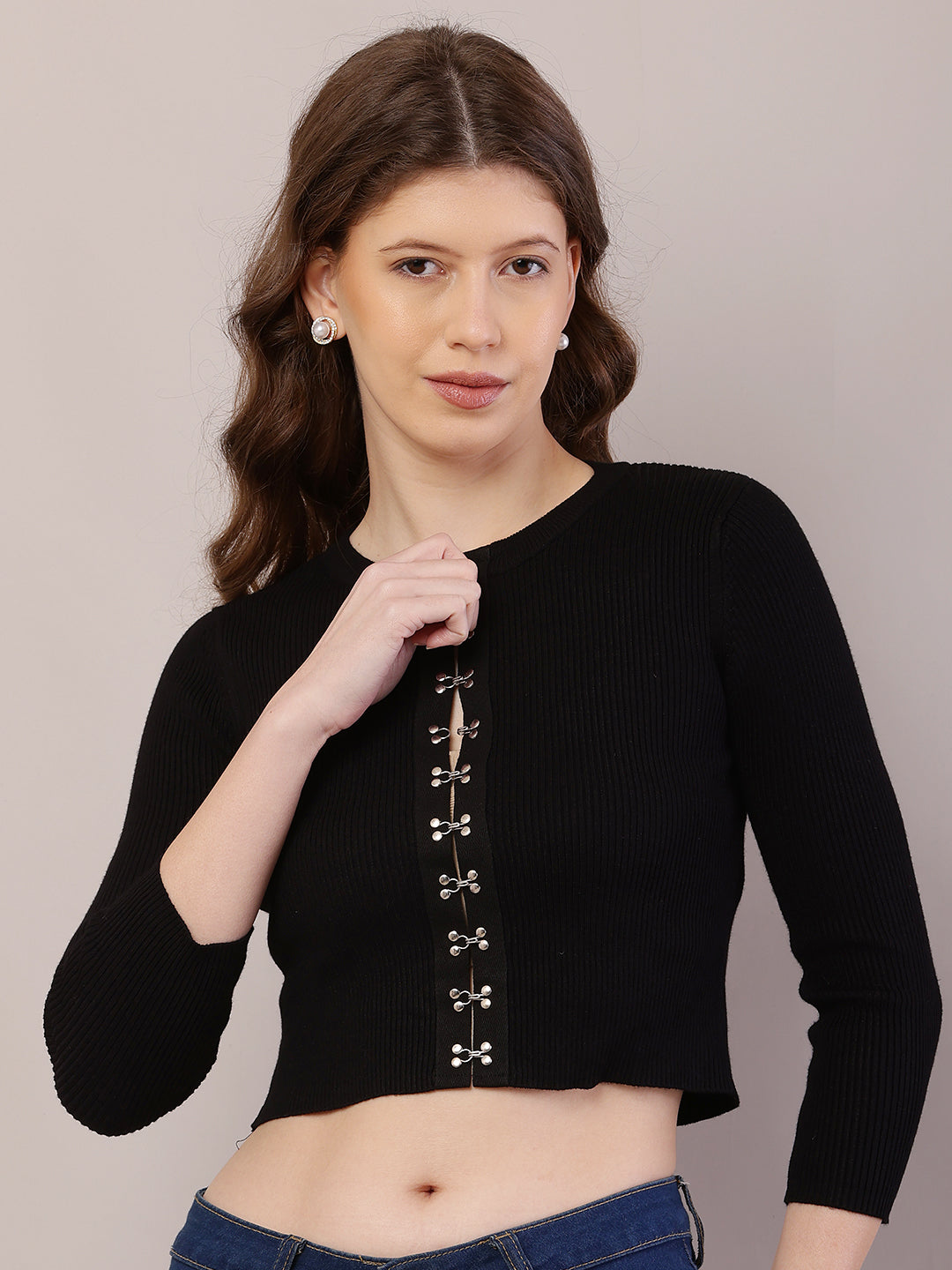 Women Ribbed Crop Black Cardigan