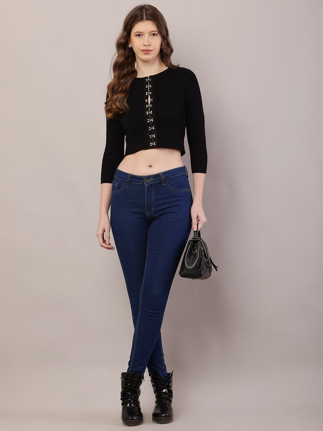 Women Ribbed Crop Black Cardigan