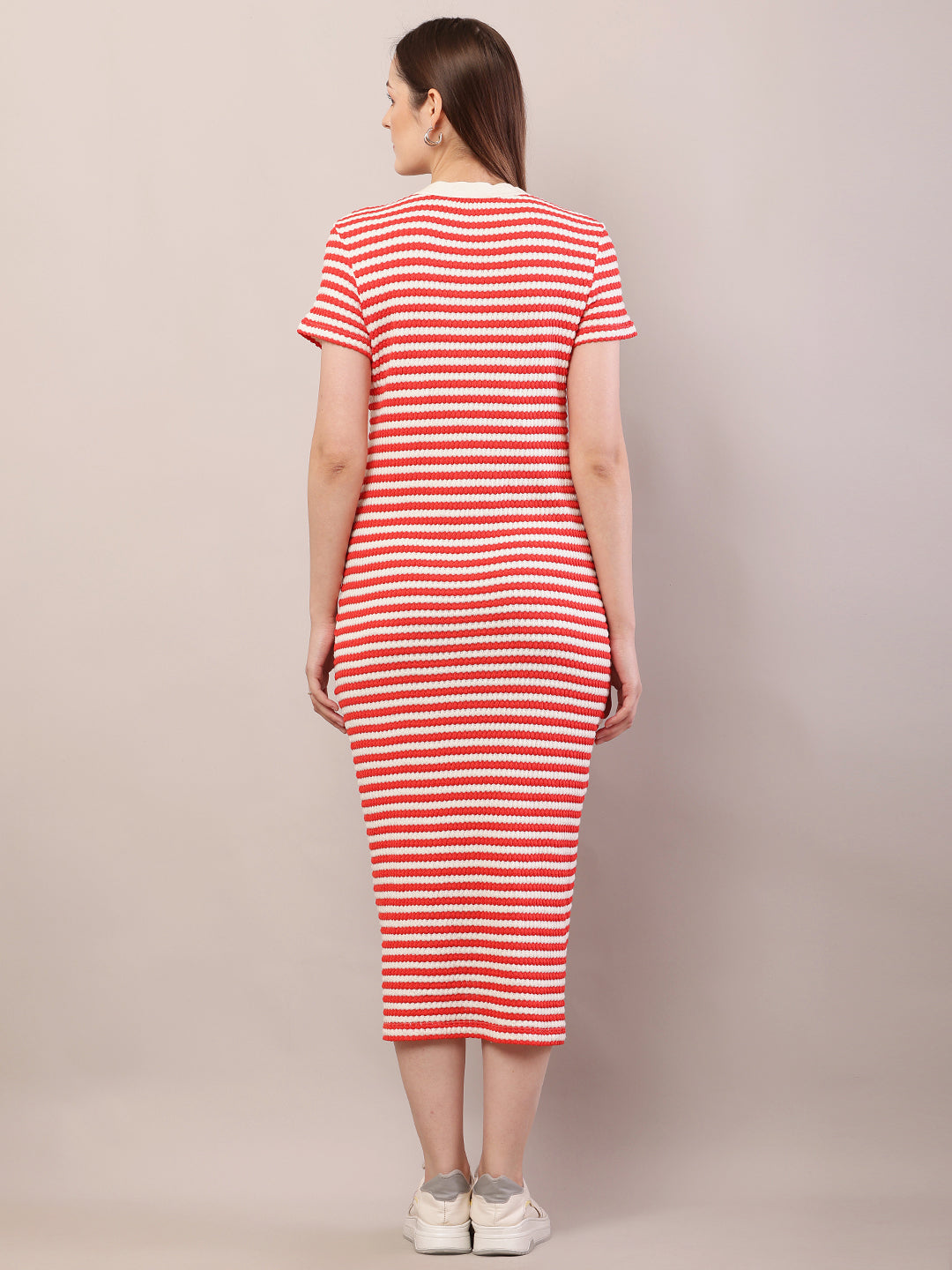 Women red button crochet cotton striped midi dress