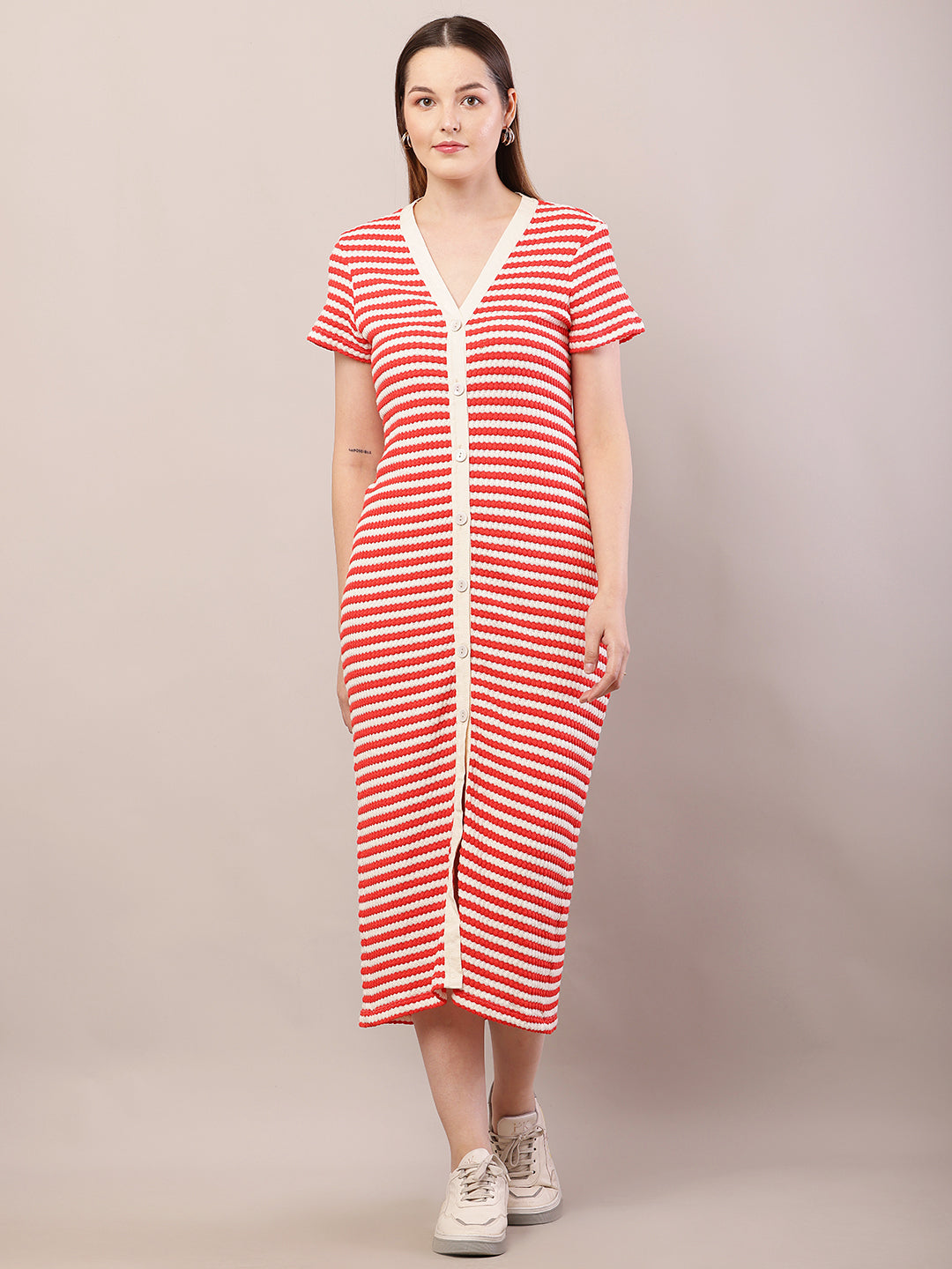 Women red button crochet cotton striped midi dress