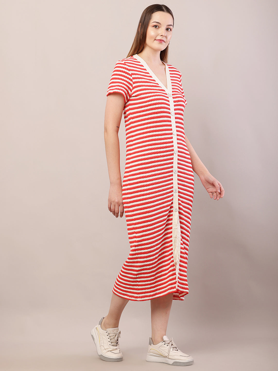 Women red button crochet cotton striped midi dress