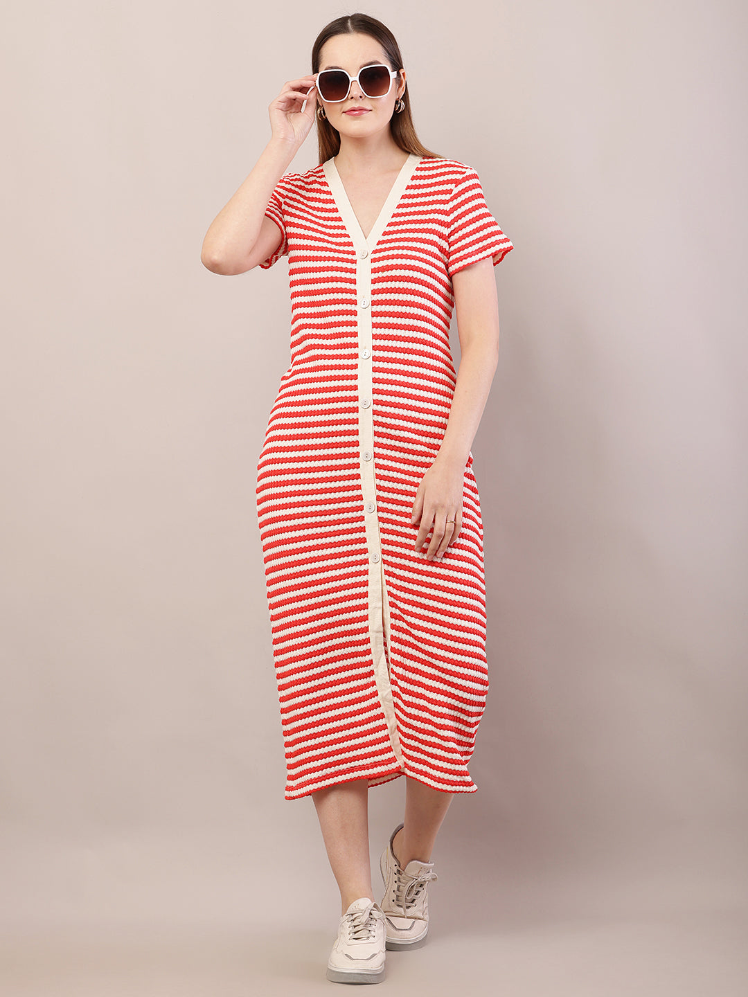 Women red button crochet cotton striped midi dress