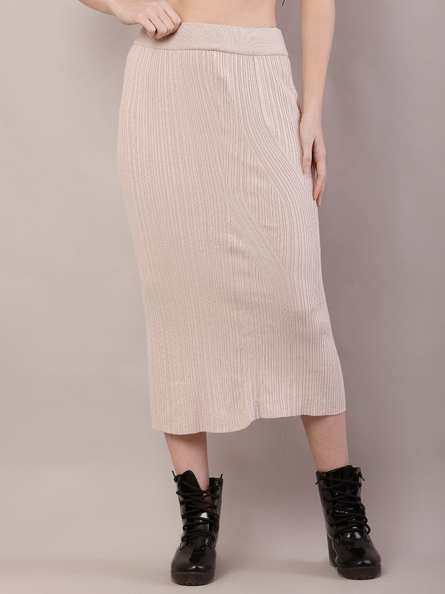 Women Beige Ribbed Knitted A-line Skirt