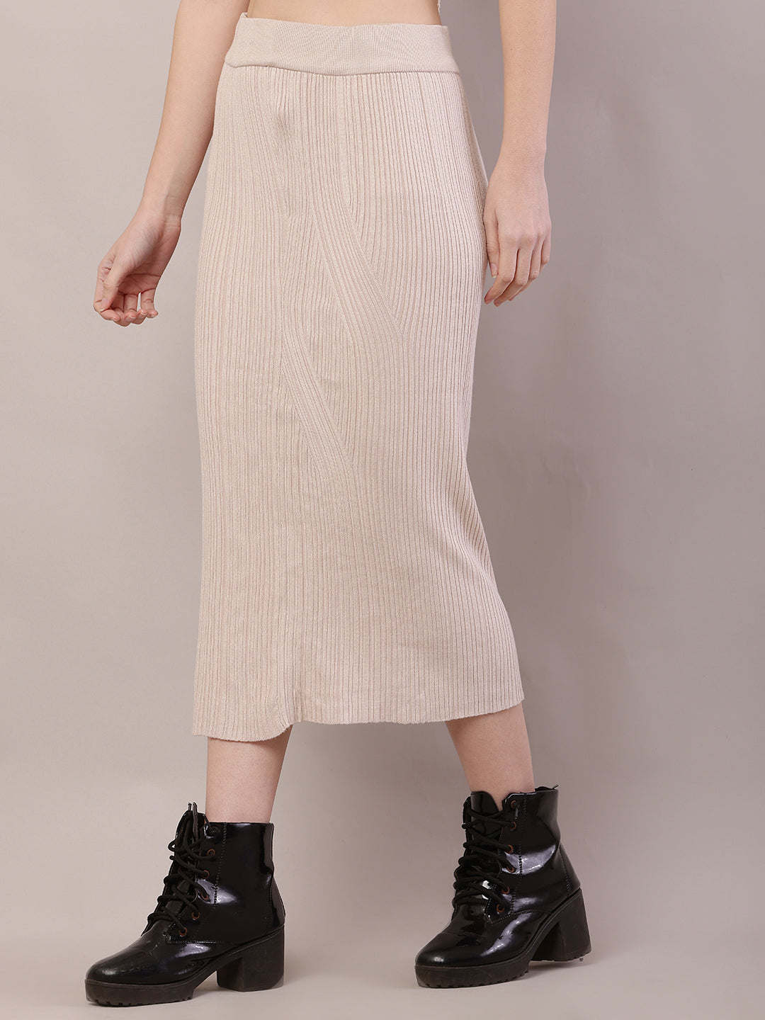 Women Beige Ribbed Knitted A-line Skirt