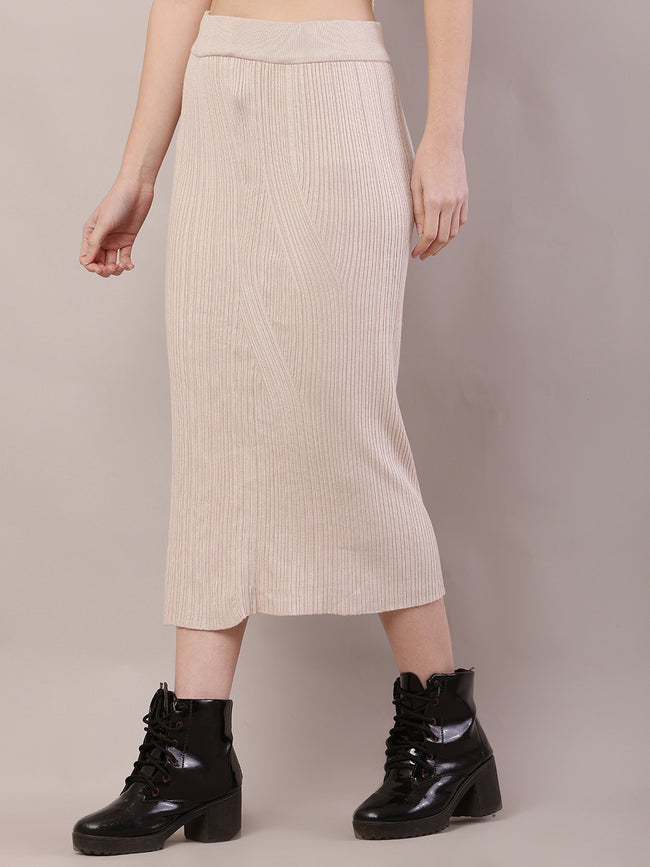 Women Beige Ribbed Knitted A-line Skirt