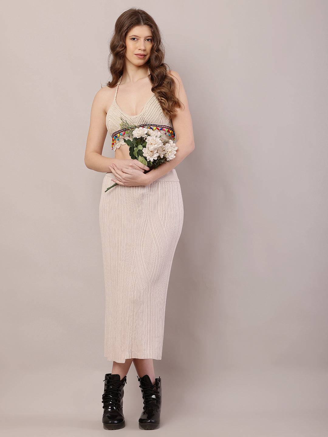 Women Beige Ribbed Knitted A-line Skirt