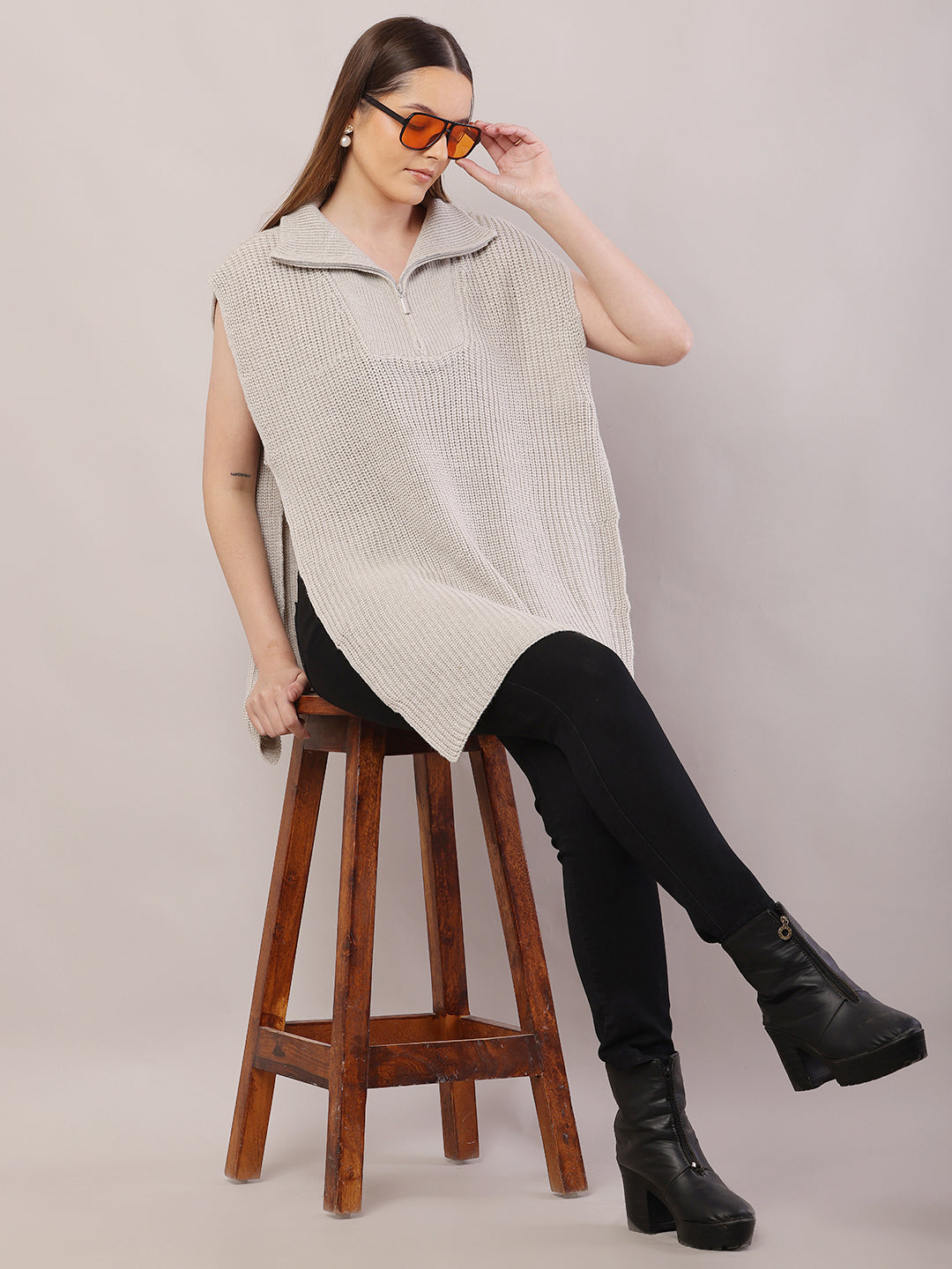 Women Shirt Collar Grey Sweater