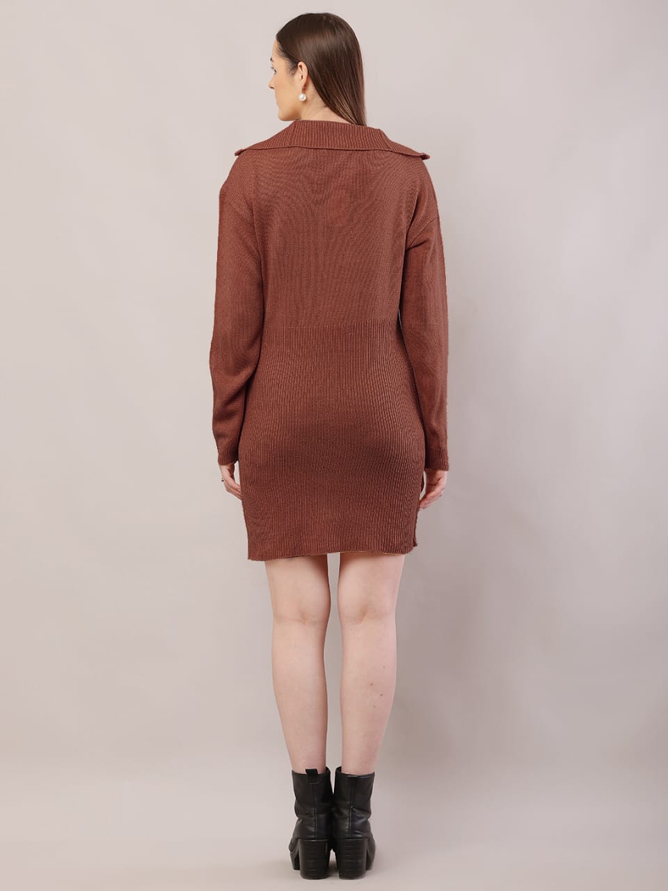 Women brown acrylic shirt collar sweater dress