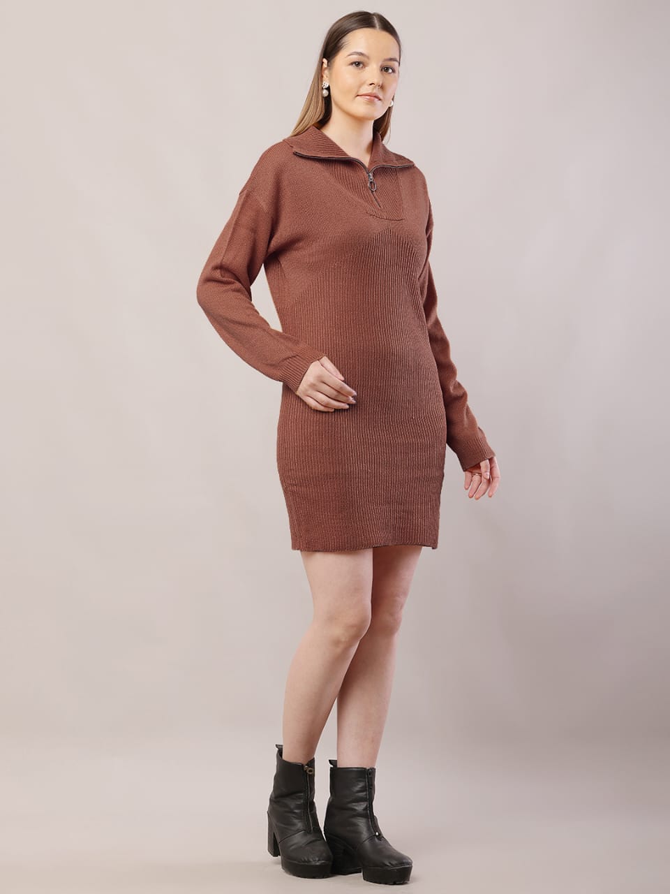 Women brown acrylic shirt collar sweater dress