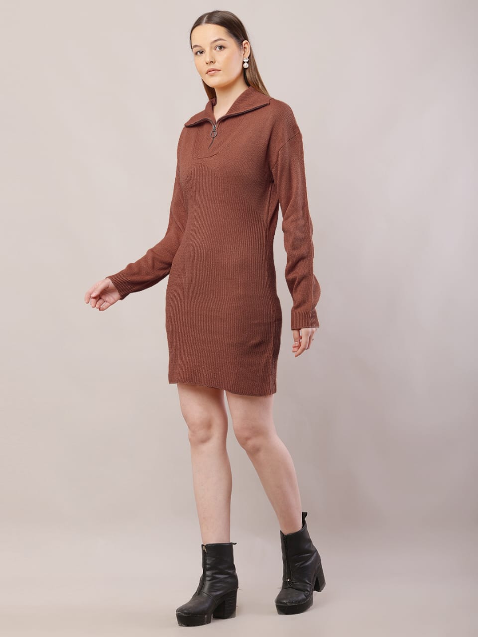 Women brown acrylic shirt collar sweater dress