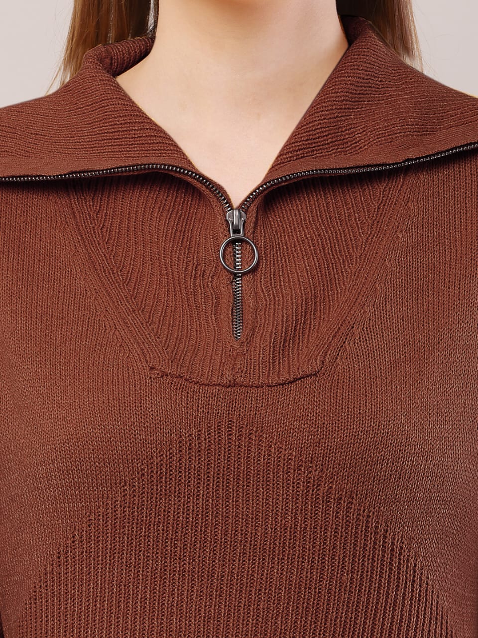 Women brown acrylic shirt collar sweater dress