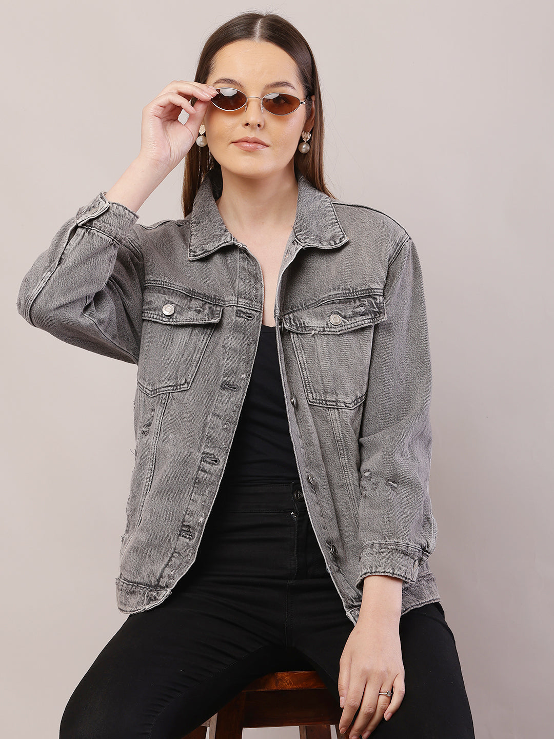 Women Shirt Collar Light Grey Jacket