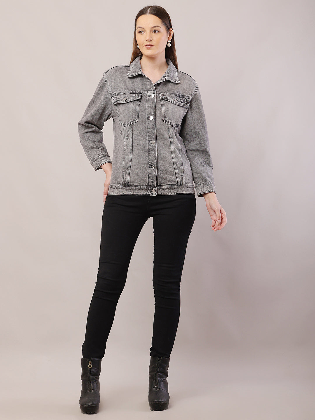 Women Shirt Collar Light Grey Jacket