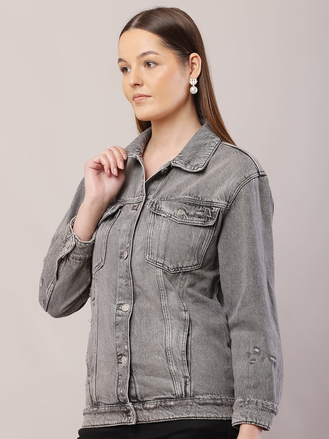 Women Shirt Collar Light Grey Jacket