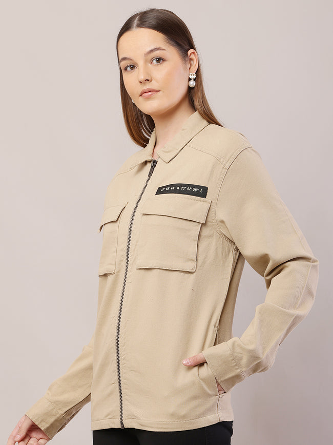 Women Shirt Collar Brown Jacket