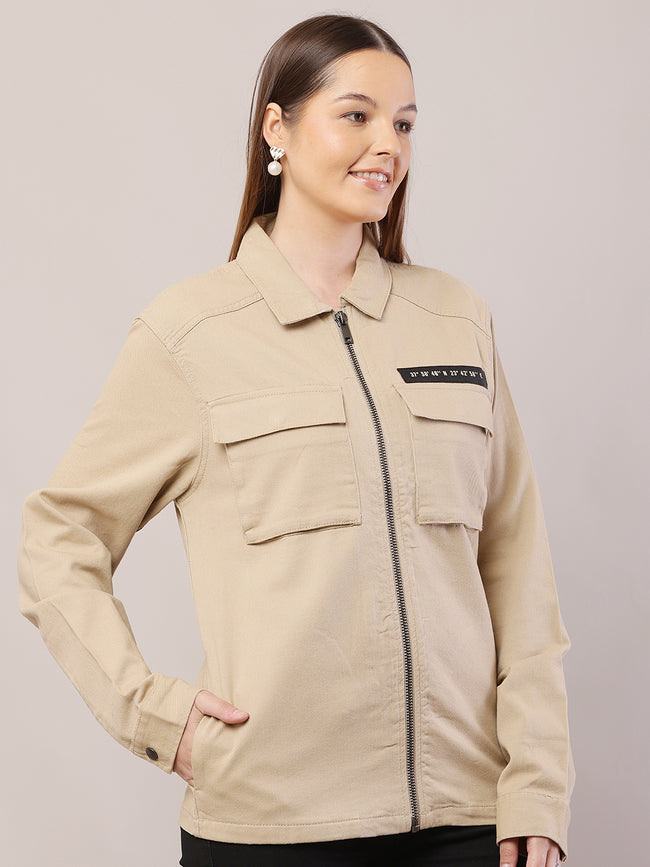 Women Shirt Collar Brown Jacket