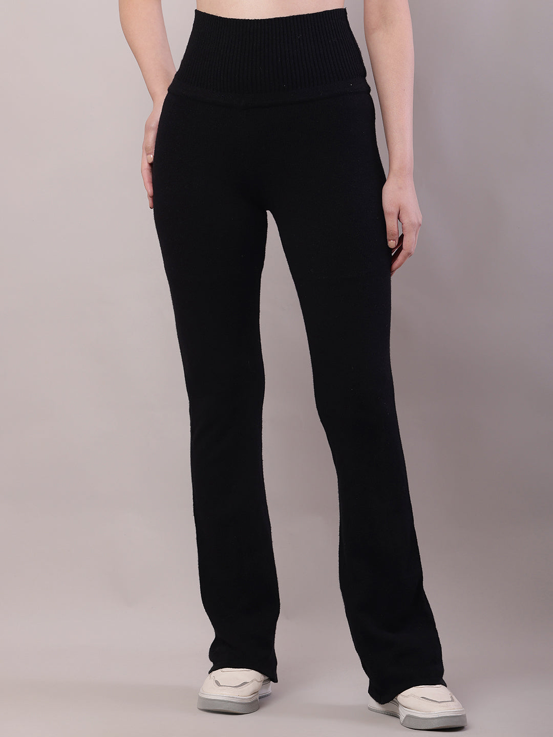 Women Black Cotton High-Waisted Trouser