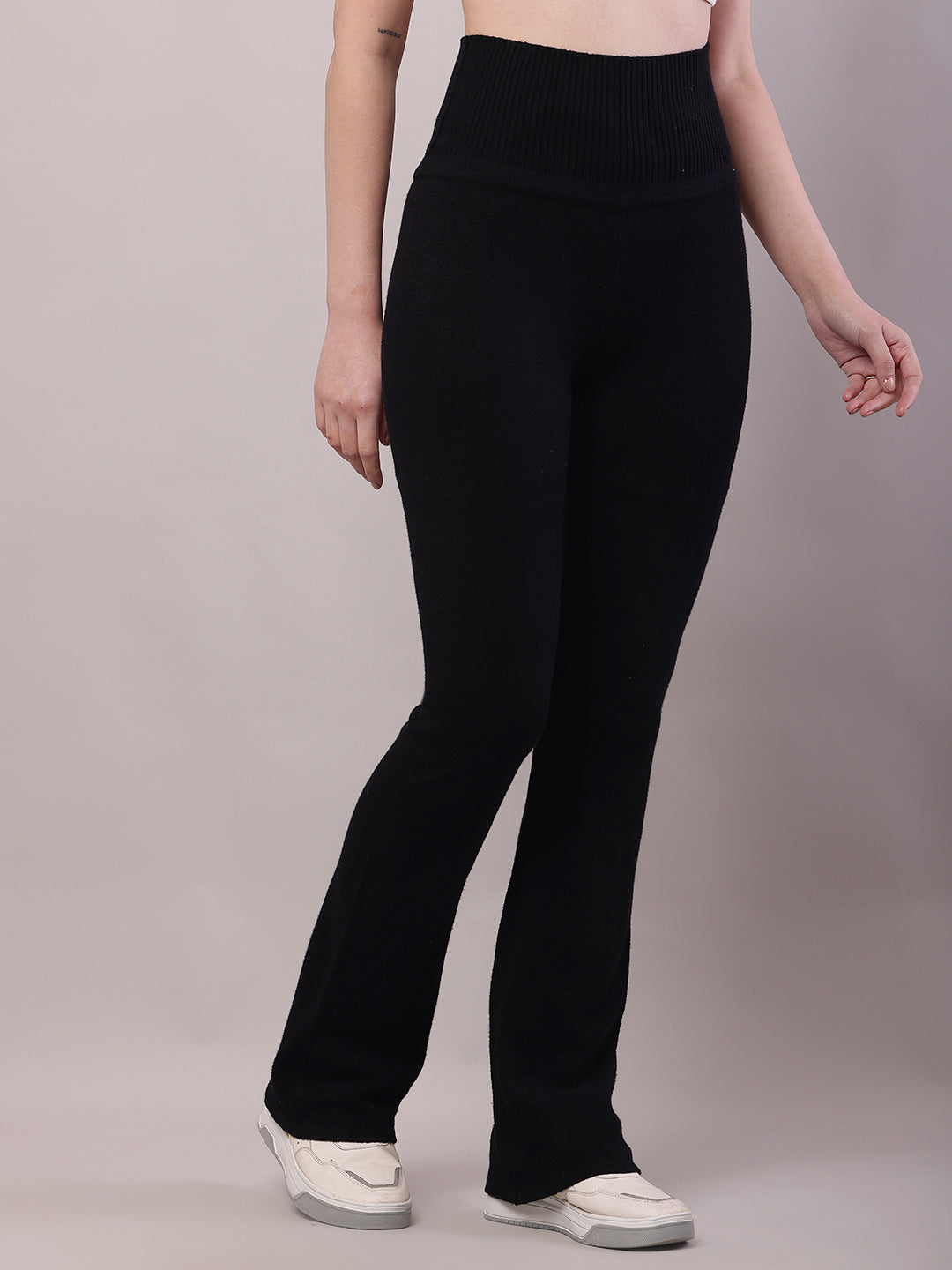 Women Black Cotton High-Waisted Trouser